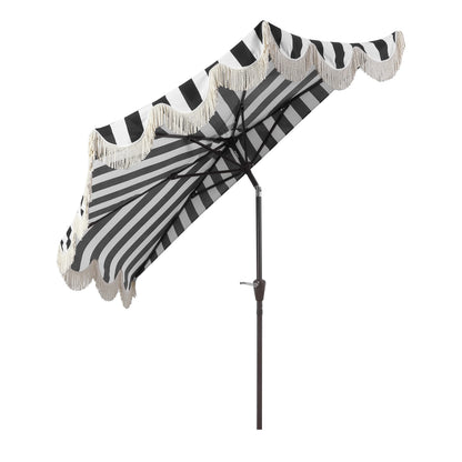 JONATHAN Y Beverly 9 ft. Half Market Patio Umbrella, Designer Classic Scalloped Fringe with Crank, Tilt Button and UV Protection, Blue/White/Cream, Dark Brown Pole
