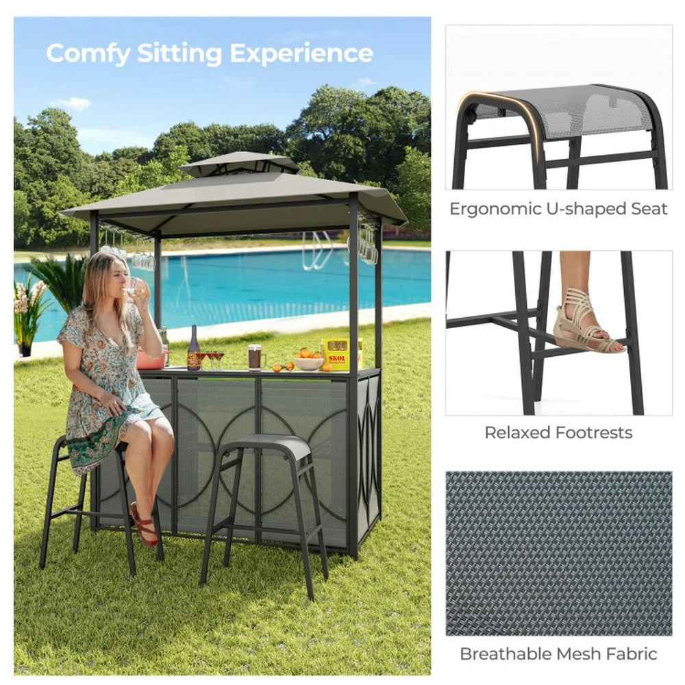 Aimee Lii 3-Piece Patio Bar Set Grill Patio Canopy & 2 Bar Stools with Tempered Glass Bar Table, Modern Patio Furniture for Outdoor Backyard Pool Deck-Brown