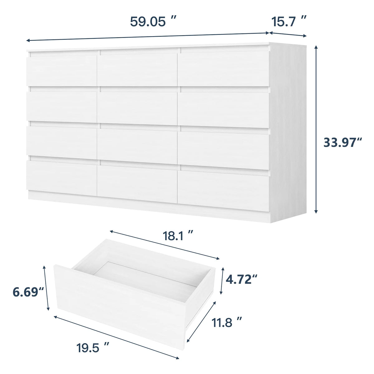 Kadyn White Chest of Drawer, 6 Double Drawer Dresser for Bedroom, Modern Storage Cabinet for Living Room, Dresser
