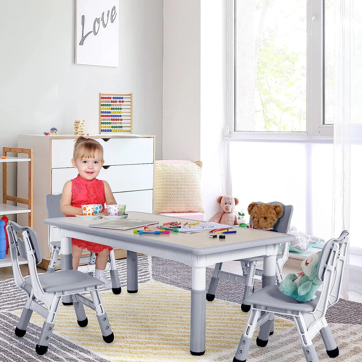LAZY BUDDY Kids Table and 4 Chairs Set, Height Adjustable Toddler Desk with Graffiti Desktop, Kids Activity Table Set for Daycare, Home