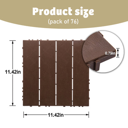 76 Pack Interlocking Deck Tiles, 11.42"x11.42", Polypropylene, Waterproof Outdoor Flooring, 3D Wood Grain Plastic, for Patio, Balcony, Backyard