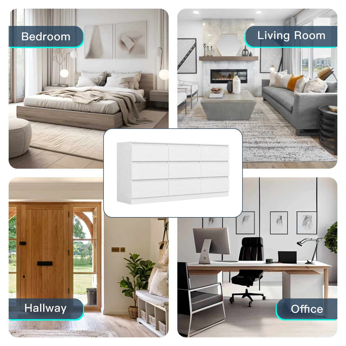 Kadyn White Chest of Drawer, 6 Double Drawer Dresser for Bedroom, Modern Storage Cabinet for Living Room, Dresser