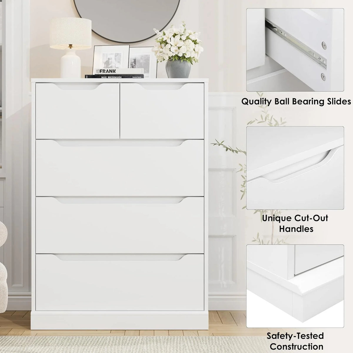 6 Drawer White Dresser,Lofka Modern Wood Double Chest, Versatile Dressers for Bedroom Office Living Room