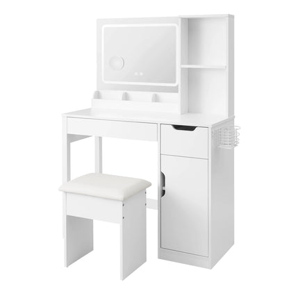 Mainstays Get Ready with Me GRWM Deluxe 2-Piece Vanity and Stool with Lighted Mirror and USB Power, White Finish
