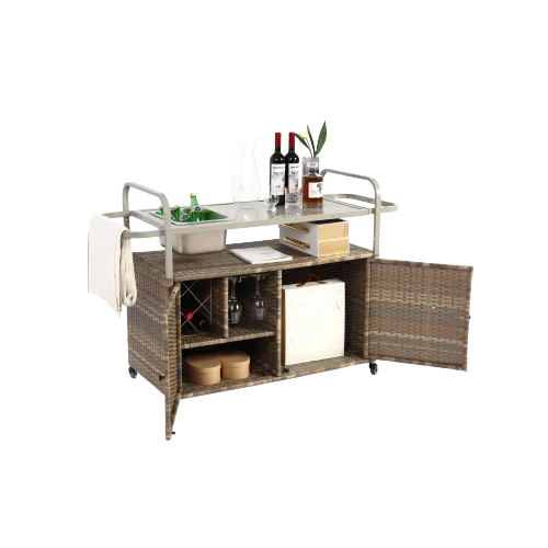 Yiweny Outdoor Rolling Wicker Bar Cart, Large Portable Outdoor Wicker Bar Table with Cabinet Storage and Glass Countertop, Patio Wicker Serving Bar Cart for Pool, Party, Backyard, Black
