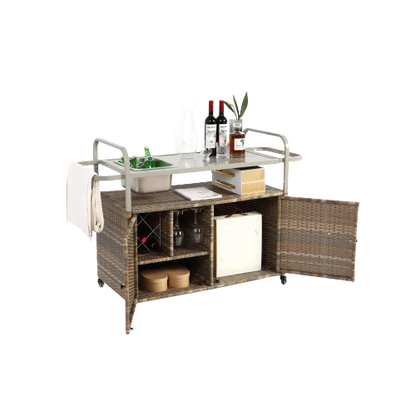 Yiweny Outdoor Rolling Wicker Bar Cart, Large Portable Outdoor Wicker Bar Table with Cabinet Storage and Glass Countertop, Patio Wicker Serving Bar Cart for Pool, Party, Backyard, Black