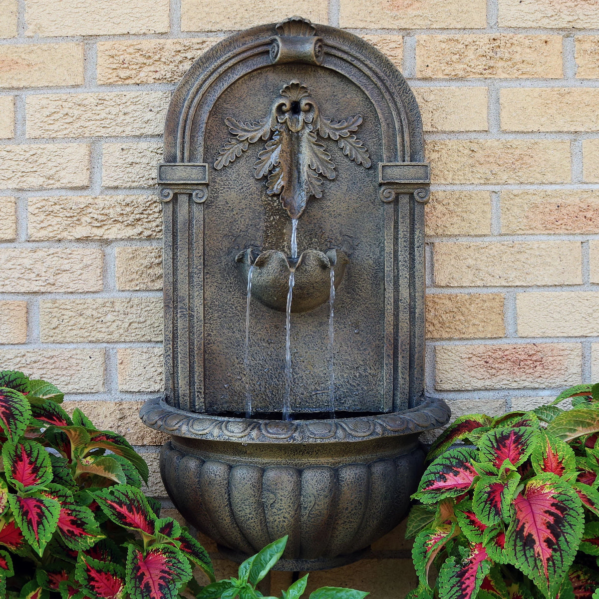 Sunnydaze 27"H Electric Polystone Florence Outdoor Wall-Mount Water Fountain, Florentine Stone Finish