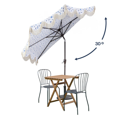 JONATHAN Y Beverly 9 ft. Half Market Patio Umbrella, Designer Classic Scalloped Fringe with Crank, Tilt Button and UV Protection, Blue/White/Cream, Dark Brown Pole