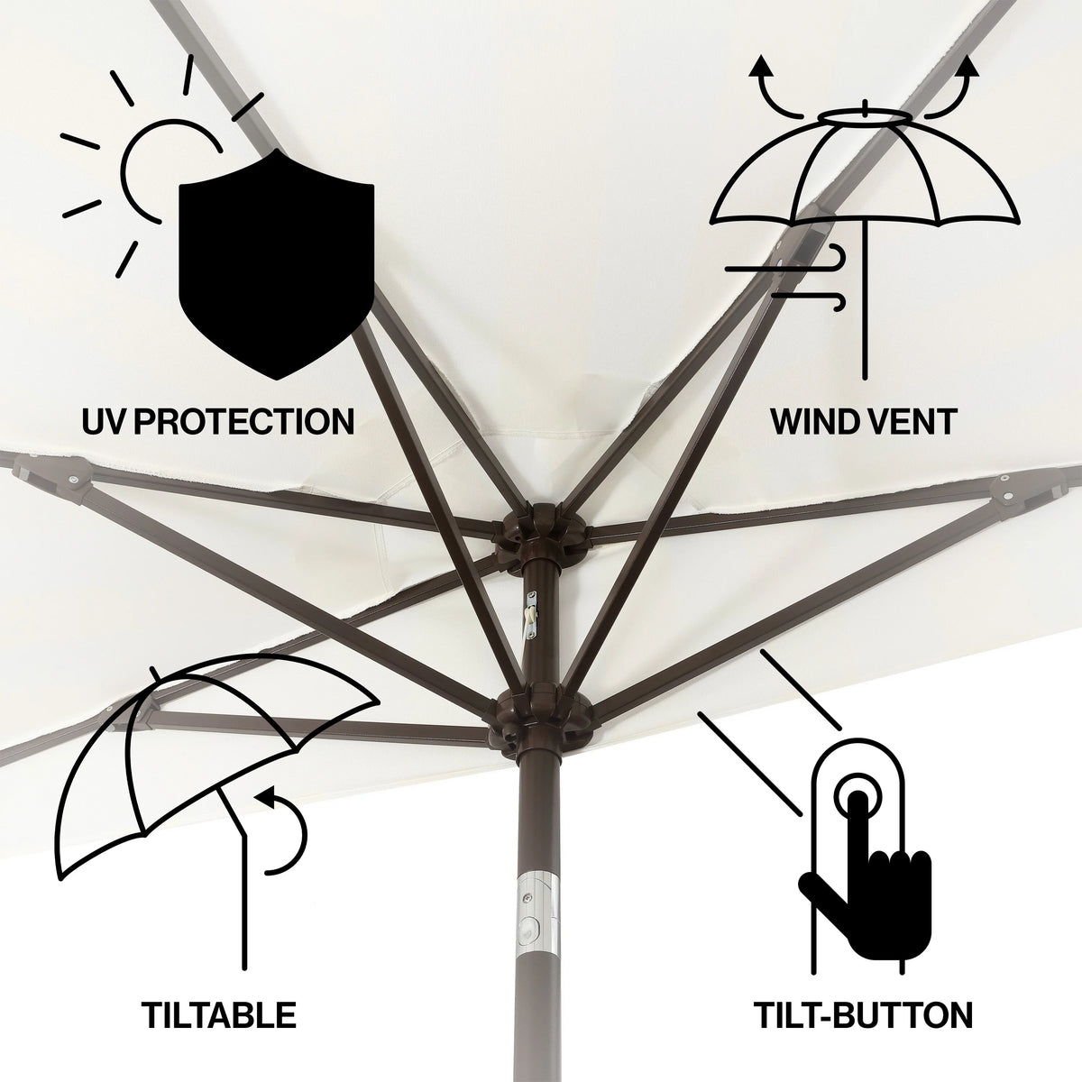 JONATHAN Y Beverly 9 ft. Half Market Patio Umbrella, Designer Classic Scalloped Fringe with Crank, Tilt Button and UV Protection, Blue/White/Cream, Dark Brown Pole