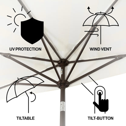 JONATHAN Y Beverly 9 ft. Half Market Patio Umbrella, Designer Classic Scalloped Fringe with Crank, Tilt Button and UV Protection, Blue/White/Cream, Dark Brown Pole
