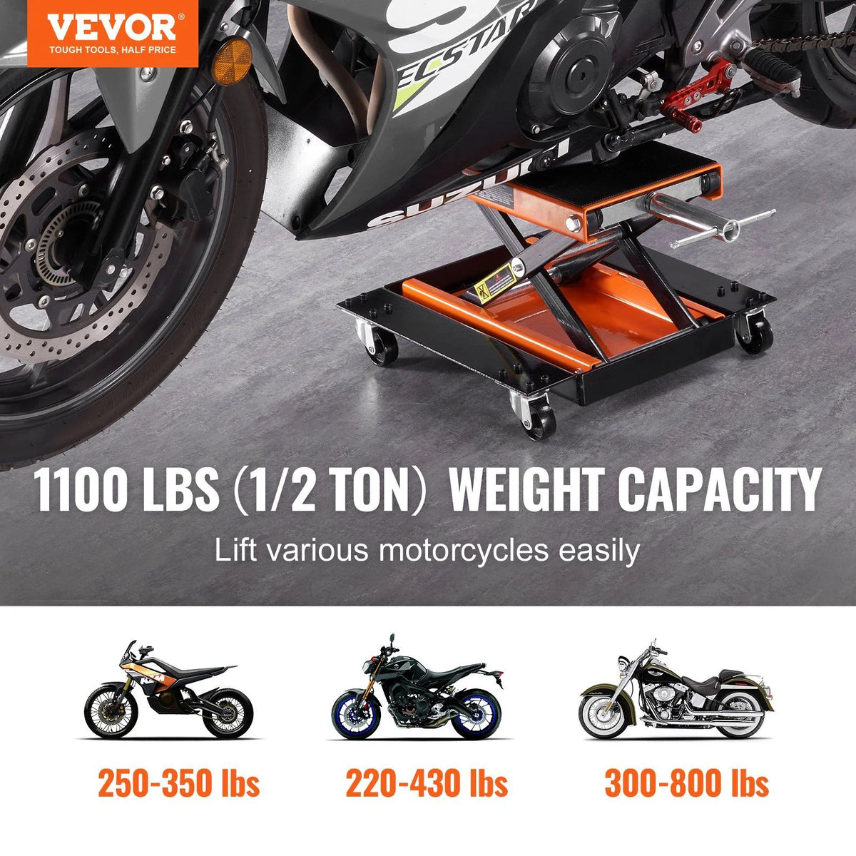 HCY Motorcycle Lift, 1100 LBS Motorcycle Lift ATV Scissor Lift Jack with Dolly & Hand Crank, Center Hoist Crank Stand with Wide Deck & Tool Tray for Street Bikes, Cruiser Bikes, Touring Motorcycles
