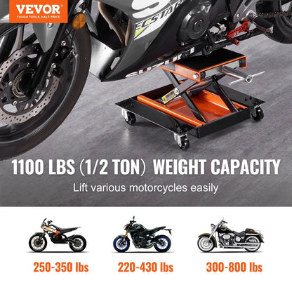 HCY Motorcycle Lift, 1100 LBS Motorcycle Lift ATV Scissor Lift Jack with Dolly & Hand Crank, Center Hoist Crank Stand with Wide Deck & Tool Tray for Street Bikes, Cruiser Bikes, Touring Motorcycles