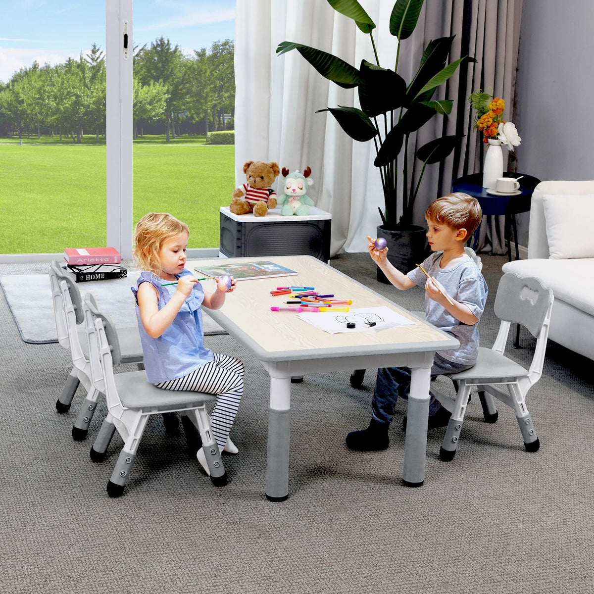 LAZY BUDDY Kids Table and 4 Chairs Set, Height Adjustable Toddler Desk with Graffiti Desktop, Kids Activity Table Set for Daycare, Home