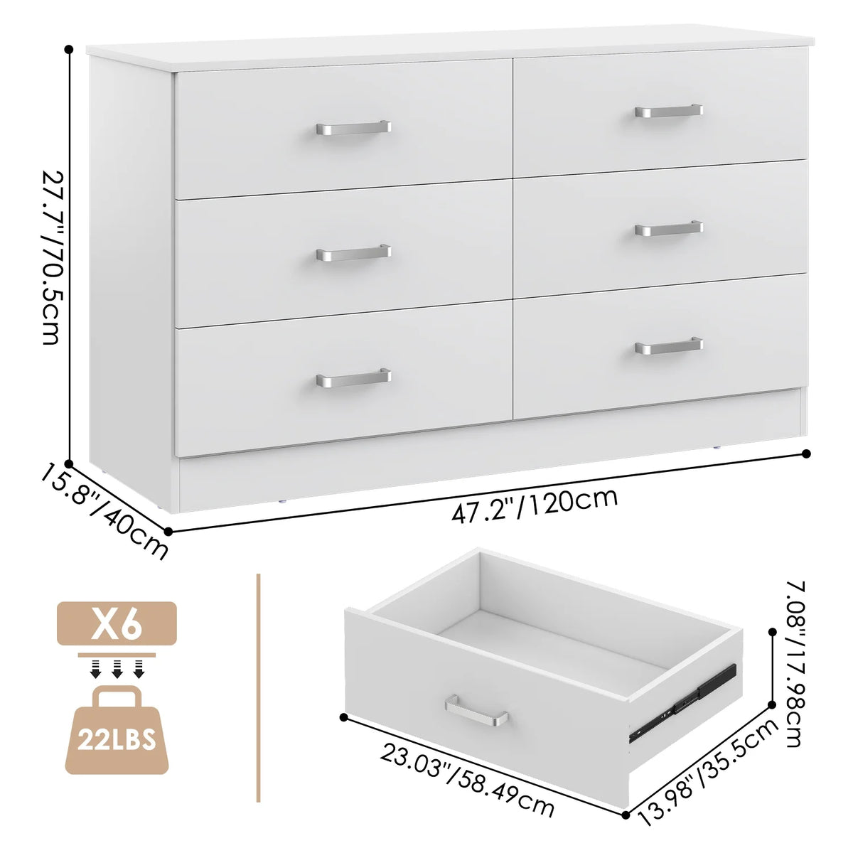 Winkalon 6 Drawer White Double Dresser, Wood Storage Cabinet with Easy Pull Out Handles for Living Room,Chest of Drawers for Bedroom