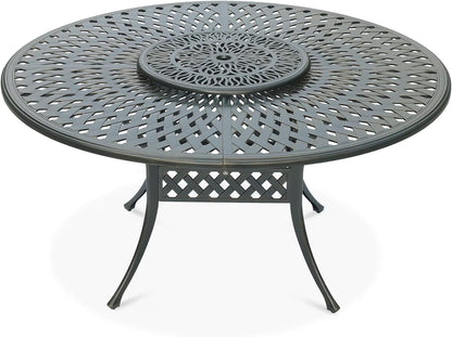 VIVIJASON Outdoor 61" Patio Dining Table for 6-8 Person, Large Patio Round Dining Table with 24" Lazy Susan, Dark Bronze Cast Aluminum Rustic Patio Table W/Umbrella Hole for Balcony, Porch and Deck