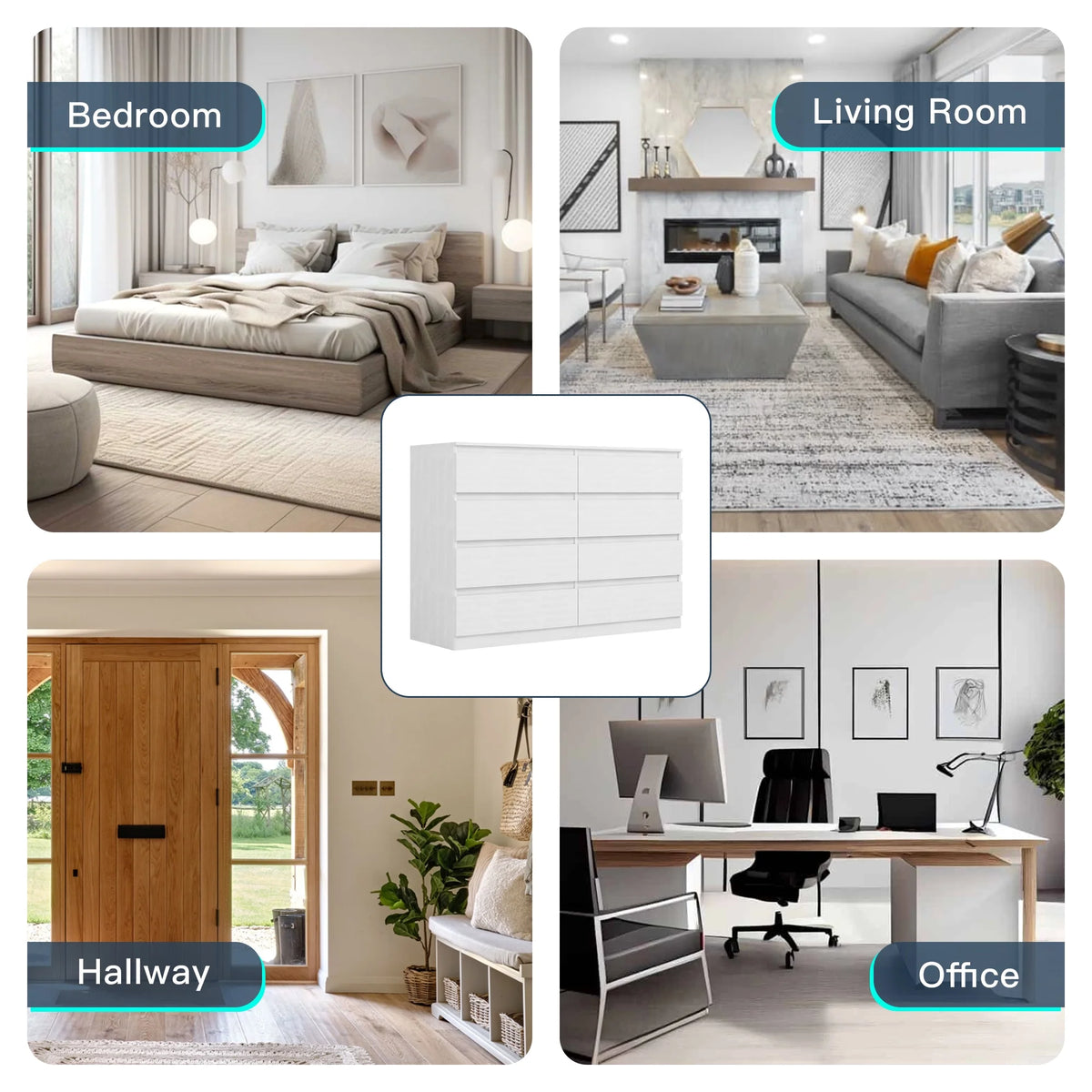 Kadyn White Chest of Drawer, 6 Double Drawer Dresser for Bedroom, Modern Storage Cabinet for Living Room, Dresser
