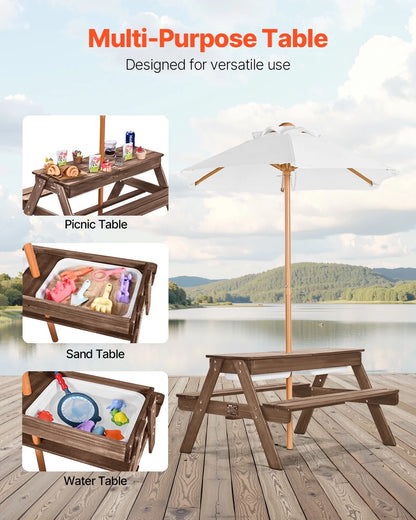 VEVOR Kids Picnic Table with Umbrella, 3-in-1 Sand & Water Table, Outdoor Wooden Table and Bench Set with 2 Trays, 4-People Patio Dining Furniture for Garden, Backyard and Porch (Walnut)