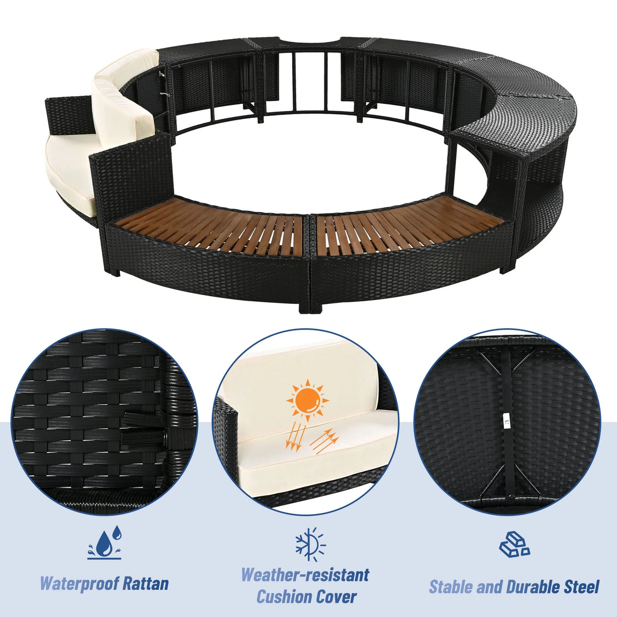 Round Hot Tub Surround Furniture, Spa Surround Outdoor Rattan Sectional Sofa Set with Mini Sofa, Solid Acacia Wood Hot Tub Storage Surround Patio Furniture Set, Gray Cushion