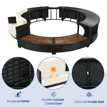 Round Hot Tub Surround Furniture, Spa Surround Outdoor Rattan Sectional Sofa Set with Mini Sofa, Solid Acacia Wood Hot Tub Storage Surround Patio Furniture Set, Gray Cushion