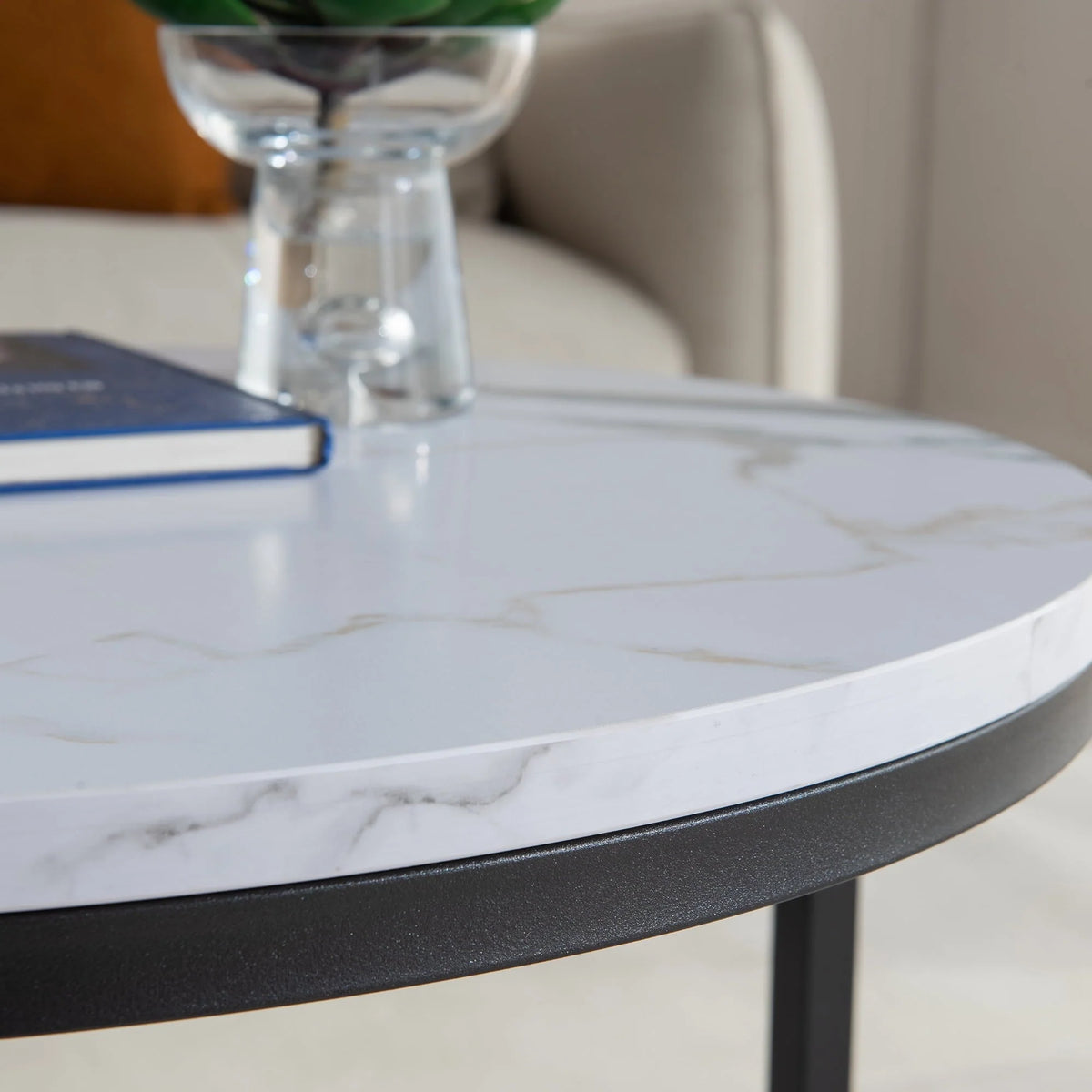 SYNGAR 2 Pieces Modern Nesting Coffee Table, Round Cocktail Table with Marble Grain and Metal Frame, Easy to Assemble, Living Room Center Table Sofa Side Table Can be Used Individually, Black
