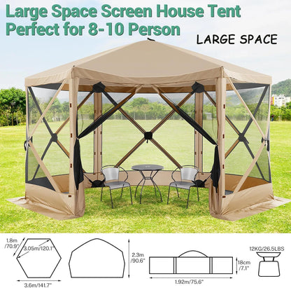 COBIZI 12x12 Pop Up Canopy Gazebo, Outdoor Canopy Tent Screen House with 5 sidewalls and Netting for Camping, Waterproof, UV Resistant, Ez Set-up Party Tent with Carrying Bag and Ground Stakes,Brown
