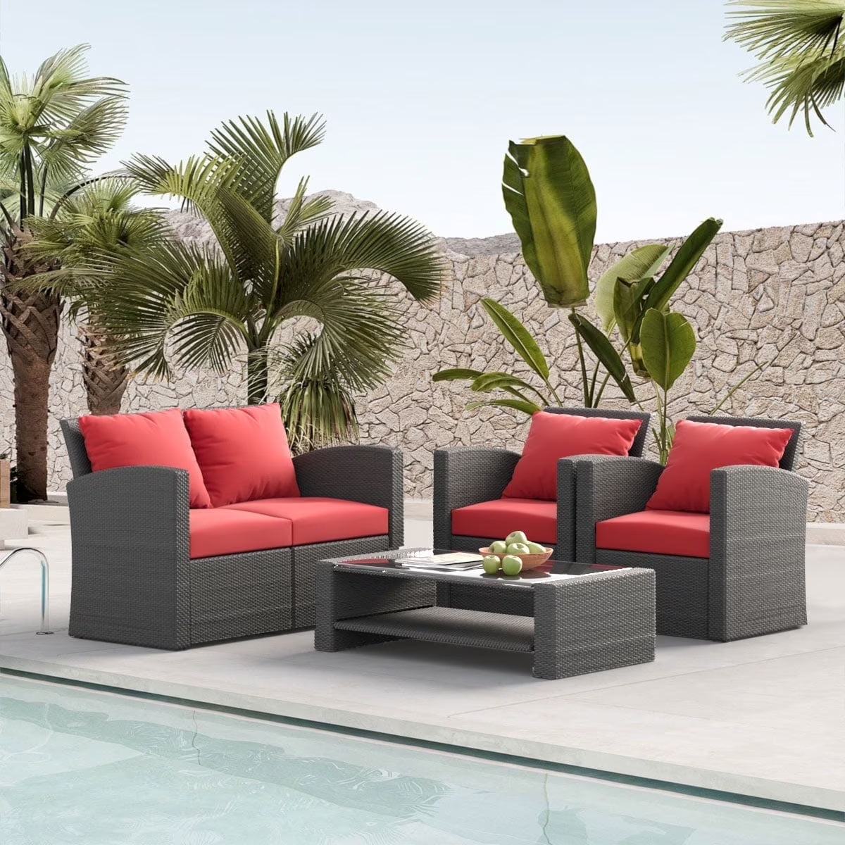 4 Pieces Patio Conversation Set, Outdoor Furniture Set with Cushion, Outside Sectional Rattan Wicker Sofa Furniture Set for Garden, Porch, Backyard, Gray