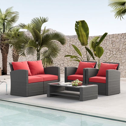 4 Pieces Patio Conversation Set, Outdoor Furniture Set with Cushion, Outside Sectional Rattan Wicker Sofa Furniture Set for Garden, Porch, Backyard, Gray