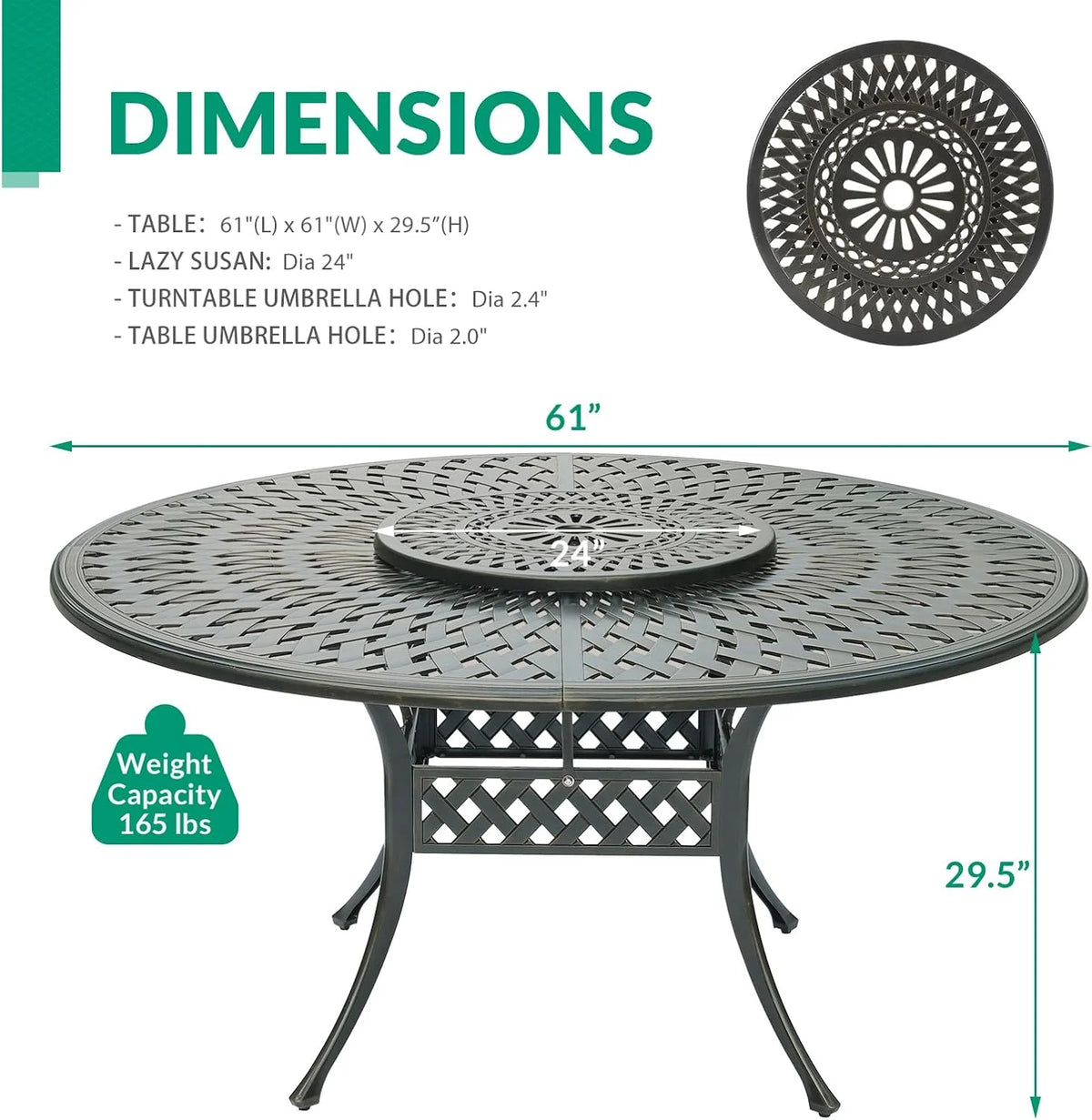 VIVIJASON Outdoor 61" Patio Dining Table for 6-8 Person, Large Patio Round Dining Table with 24" Lazy Susan, Dark Bronze Cast Aluminum Rustic Patio Table W/Umbrella Hole for Balcony, Porch and Deck