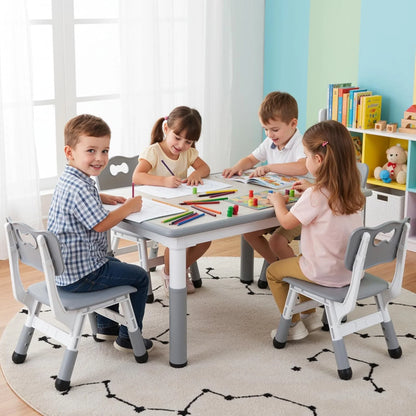 LAZY BUDDY Kids Table and 4 Chairs Set, Height Adjustable Toddler Desk with Graffiti Desktop, Kids Activity Table Set for Daycare, Home