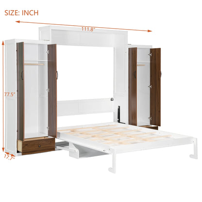 Full Size Murphy Bed Wall Bed with Closet ,Drawers and Table,White