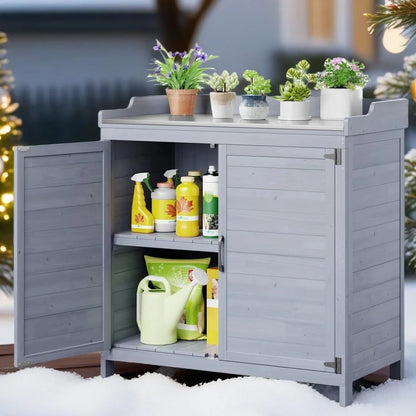 Lofka Outdoor Storage Cabinet, Outdoor Potting Bench Table with Removable Shelves for Yard, Garden,  Waterproof Wood