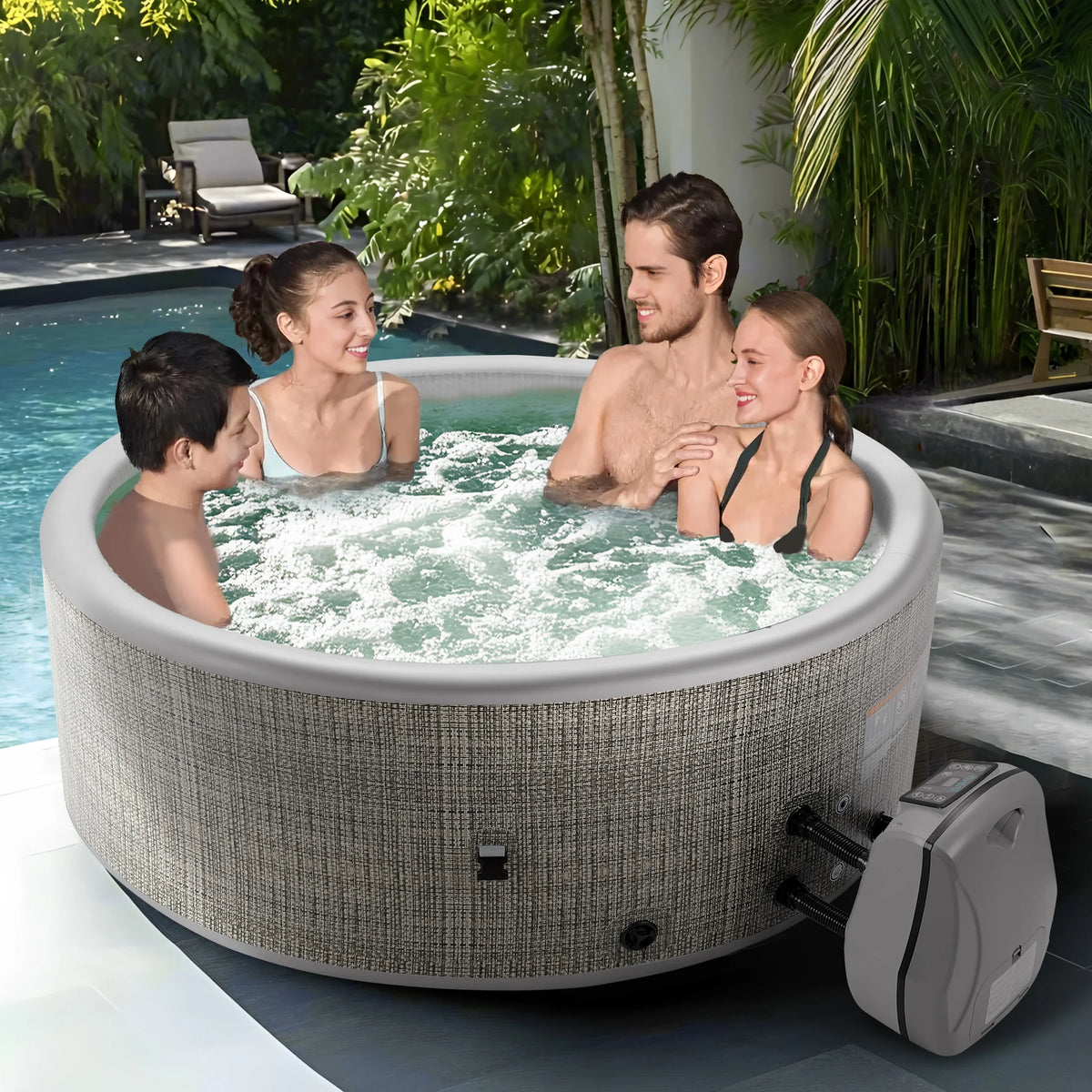 Round Hot Tub Surround Furniture, Spa Surround Outdoor Rattan Sectional Sofa Set with Mini Sofa, Solid Acacia Wood Hot Tub Storage Surround Patio Furniture Set, Gray Cushion