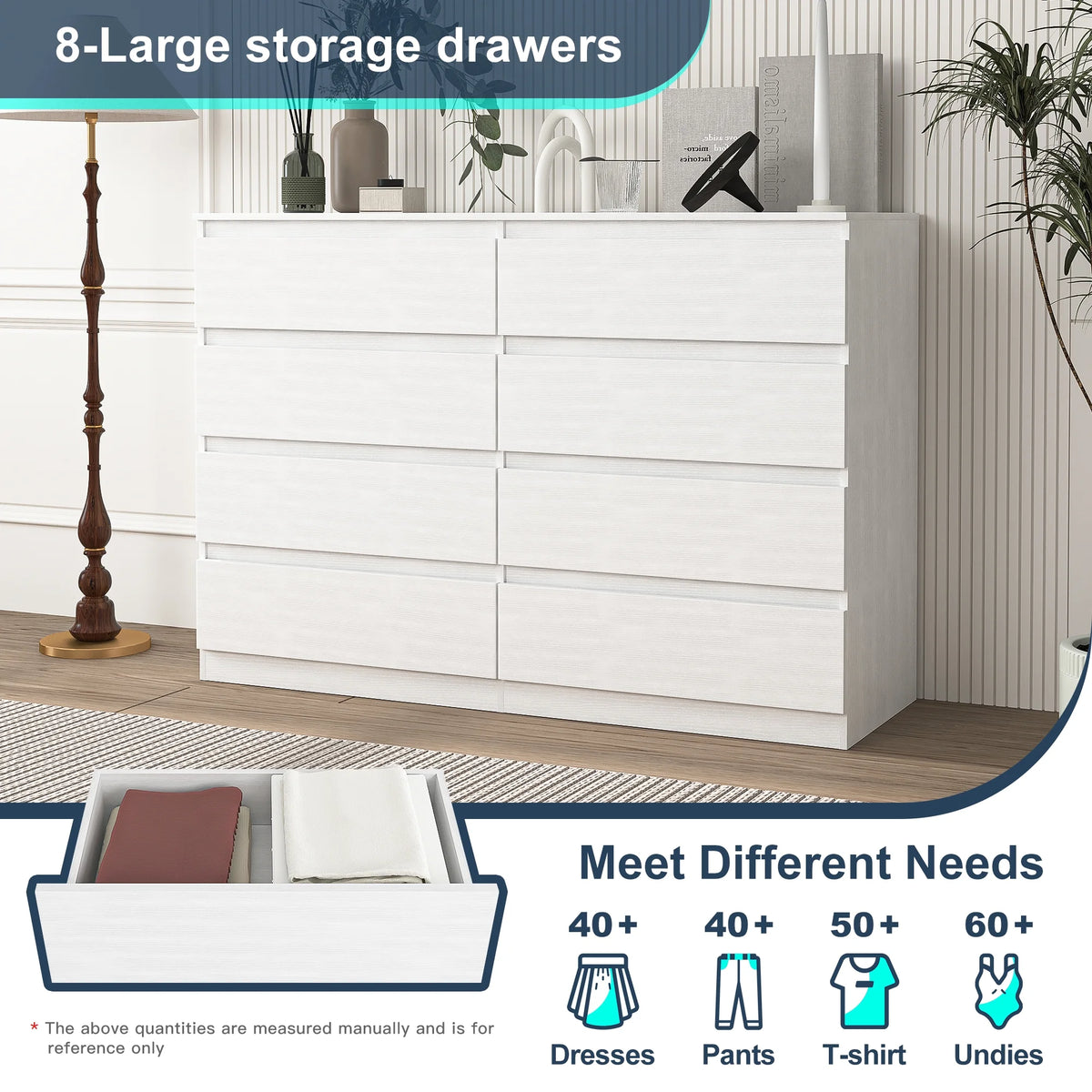 Kadyn White Chest of Drawer, 6 Double Drawer Dresser for Bedroom, Modern Storage Cabinet for Living Room, Dresser