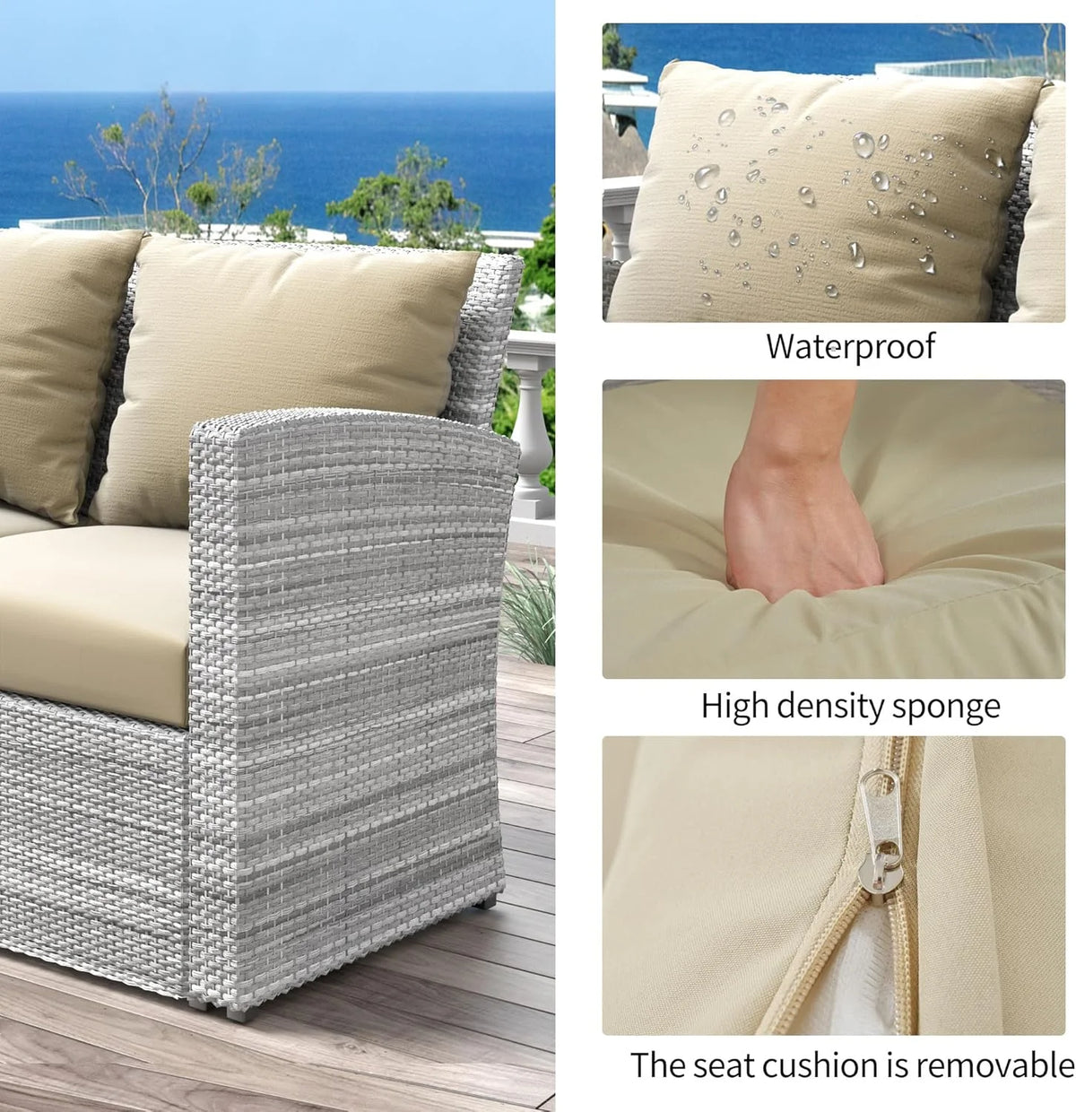 4 Pieces Patio Conversation Set, Outdoor Furniture Set with Cushion, Outside Sectional Rattan Wicker Sofa Furniture Set for Garden, Porch, Backyard, Gray