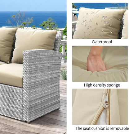 4 Pieces Patio Conversation Set, Outdoor Furniture Set with Cushion, Outside Sectional Rattan Wicker Sofa Furniture Set for Garden, Porch, Backyard, Gray