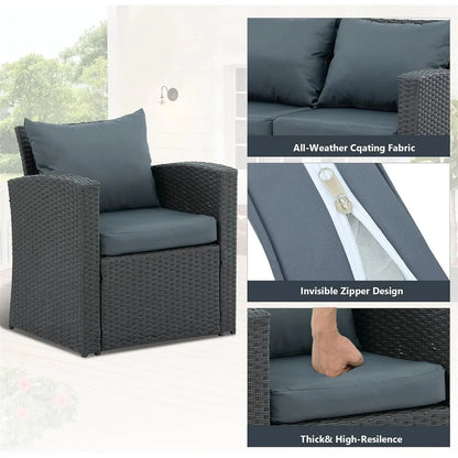 4 Pieces Patio Conversation Set, Outdoor Furniture Set with Cushion, Outside Sectional Rattan Wicker Sofa Furniture Set for Garden, Porch, Backyard, Gray