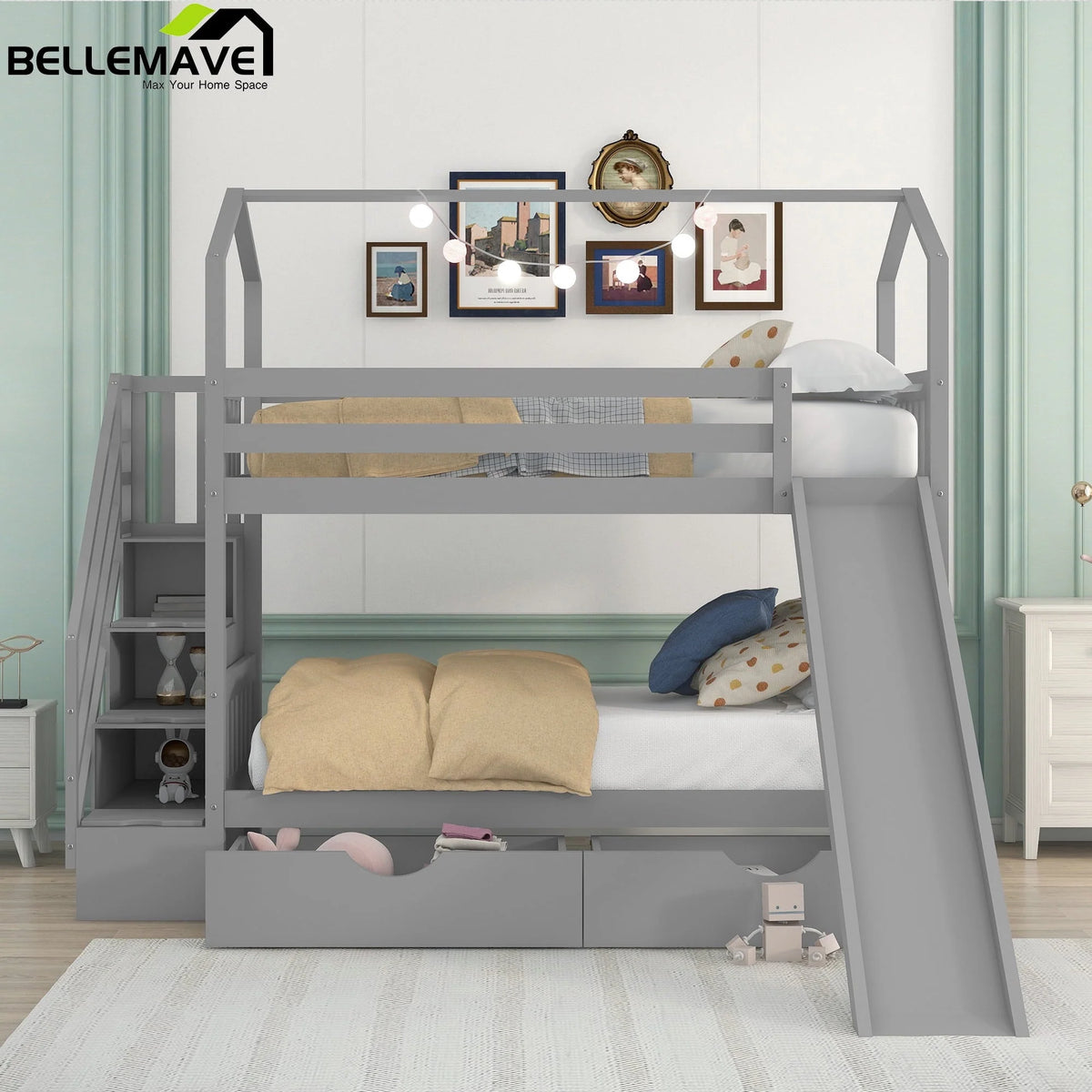Bellemave Twin Over Twin House Bunk Bed with Slide and Stairs,Wooden Bunk Bed with Storage Drawers,Playhouse Bed for Kids,Teens(Gray)