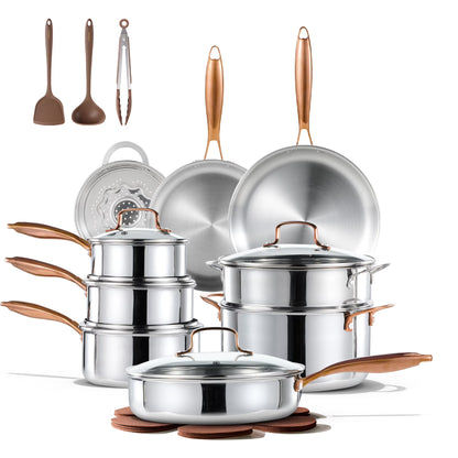 Carote 23-Piece Tri-Ply Stainless Steel Cookware Set with Lids, Nonstick Induction Compatible Pots & Pans Set, Oven Safe