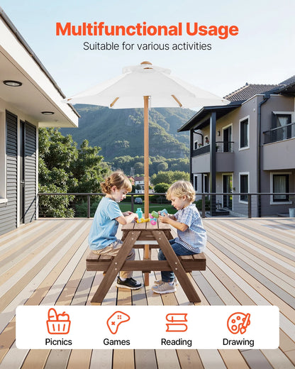 VEVOR Kids Picnic Table with Umbrella, 3-in-1 Sand & Water Table, Outdoor Wooden Table and Bench Set with 2 Trays, 4-People Patio Dining Furniture for Garden, Backyard and Porch (Walnut)