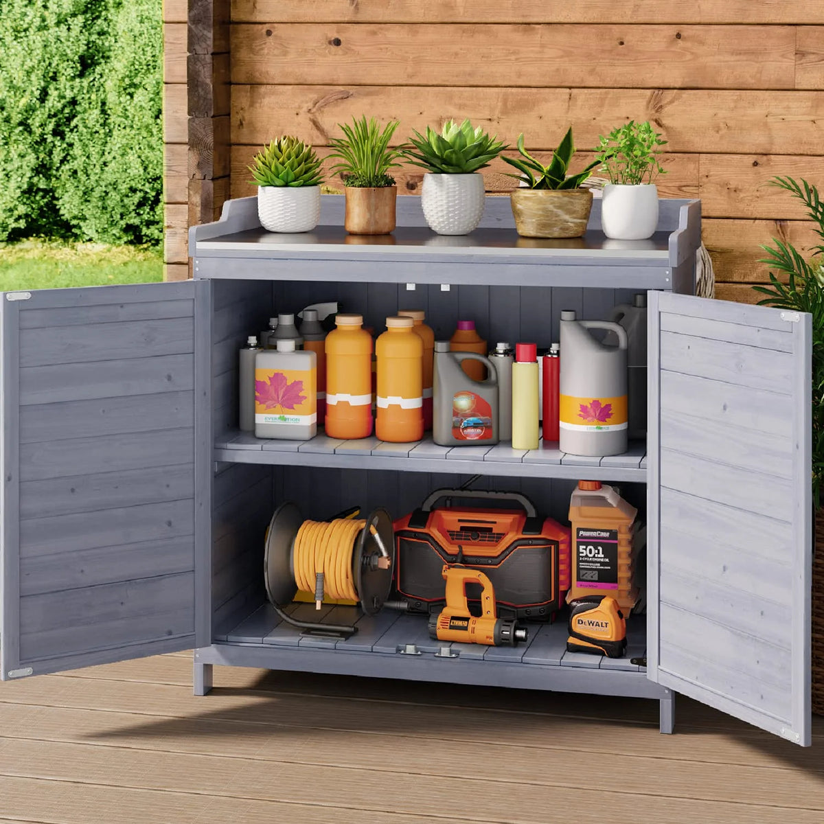 Lofka Outdoor Storage Cabinet, Outdoor Potting Bench Table with Removable Shelves for Yard, Garden,  Waterproof Wood