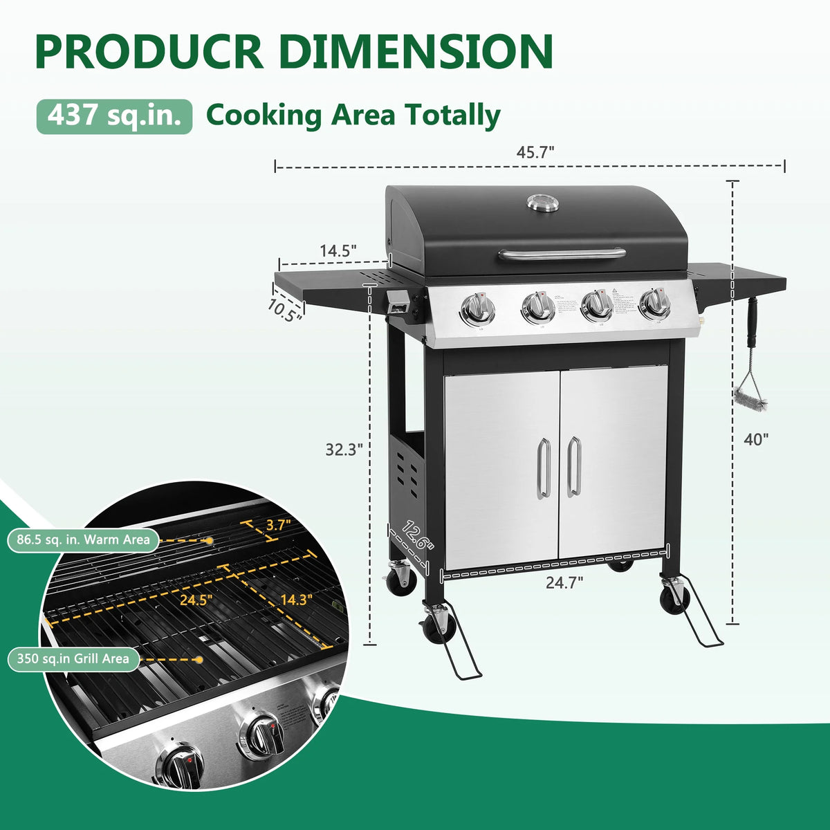4-Burner Gas Grill with 4 Universal Wheels & Bottle Opener, 40000BTU Outdoor Grill with Side Table for Camping, Black & Sliver