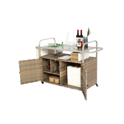 Yiweny Outdoor Rolling Wicker Bar Cart, Large Portable Outdoor Wicker Bar Table with Cabinet Storage and Glass Countertop, Patio Wicker Serving Bar Cart for Pool, Party, Backyard, Black