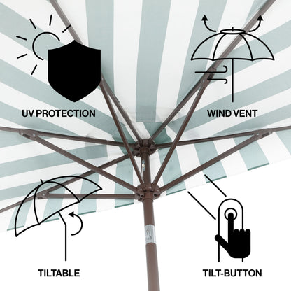 JONATHAN Y Beverly 9 ft. Half Market Patio Umbrella, Designer Classic Scalloped Fringe with Crank, Tilt Button and UV Protection, Blue/White/Cream, Dark Brown Pole