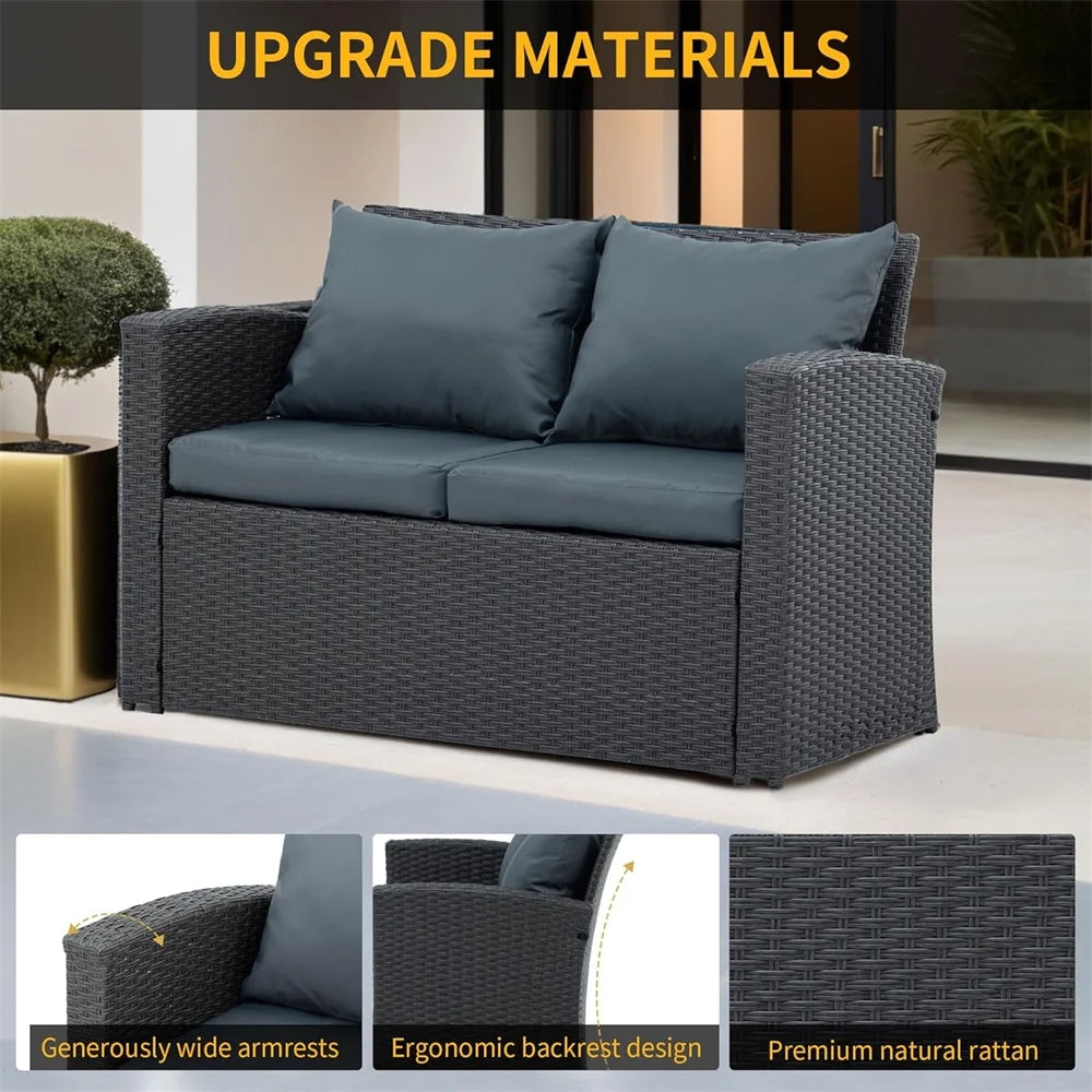 4 Pieces Patio Conversation Set, Outdoor Furniture Set with Cushion, Outside Sectional Rattan Wicker Sofa Furniture Set for Garden, Porch, Backyard, Gray