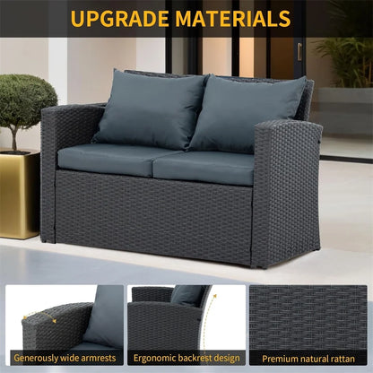 4 Pieces Patio Conversation Set, Outdoor Furniture Set with Cushion, Outside Sectional Rattan Wicker Sofa Furniture Set for Garden, Porch, Backyard, Gray