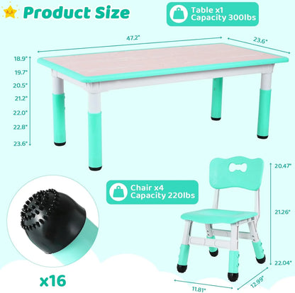 LAZY BUDDY Kids Table and 4 Chairs Set, Height Adjustable Toddler Desk with Graffiti Desktop, Kids Activity Table Set for Daycare, Home