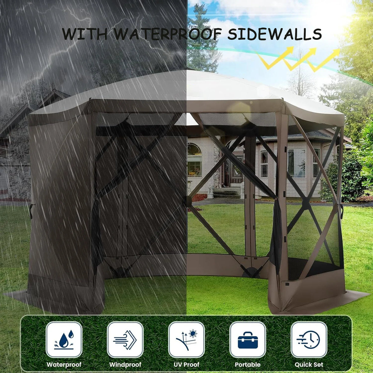 COBIZI 12x12 Pop Up Canopy Gazebo, Outdoor Canopy Tent Screen House with 5 sidewalls and Netting for Camping, Waterproof, UV Resistant, Ez Set-up Party Tent with Carrying Bag and Ground Stakes,Brown