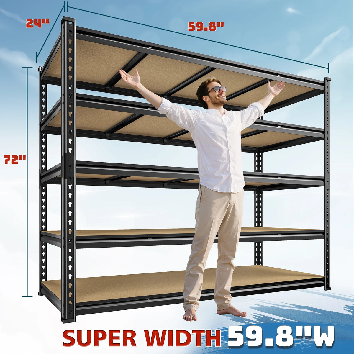 REIBII 60" W Garage Shelving 3000LBS Heavy Duty Storage Shelves Adjustable 5 Tier Metal Storage Rack,60" W x 24" D x 72" H