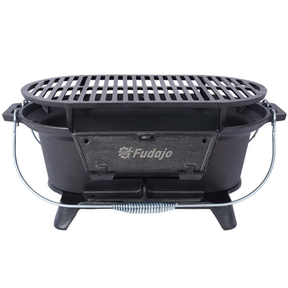 Hibachi Grill, 16" Portable Cast Iron Outdoor Tabletop Grill, Handled Mini Japanese BBQ Charcoal Stove, Small Durable Camping Cast Iron Grill with Grate Hook