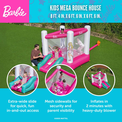 Barbie Inflatable Bounce House with Mesh Walls, Slide and Blower, Indoor/Outdoor, Ages 3+